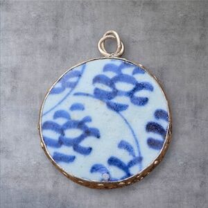 Blue and White Ceramic Porcelain Pendant Antique Asian China Necklace